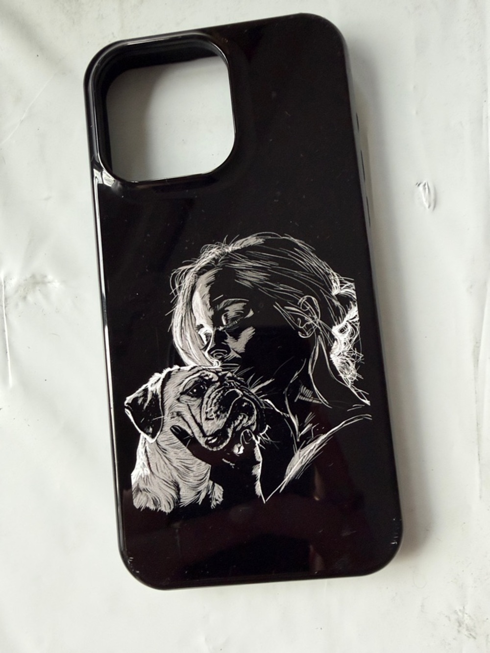 Black Phone Case with White Dog & Woman Illustration